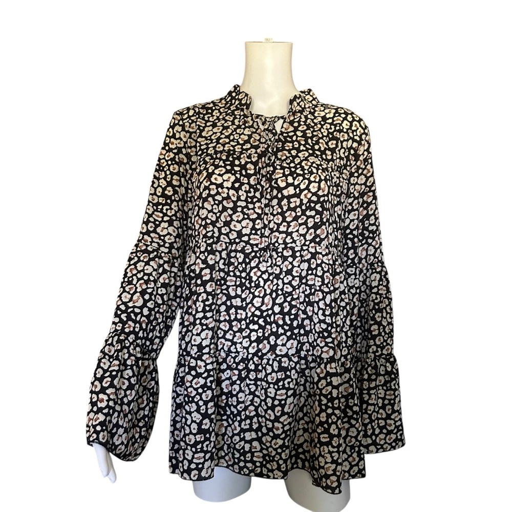 Anna Kaci Brown Pattern Long Tiered Bell Sleeve Boho Blouse Size L